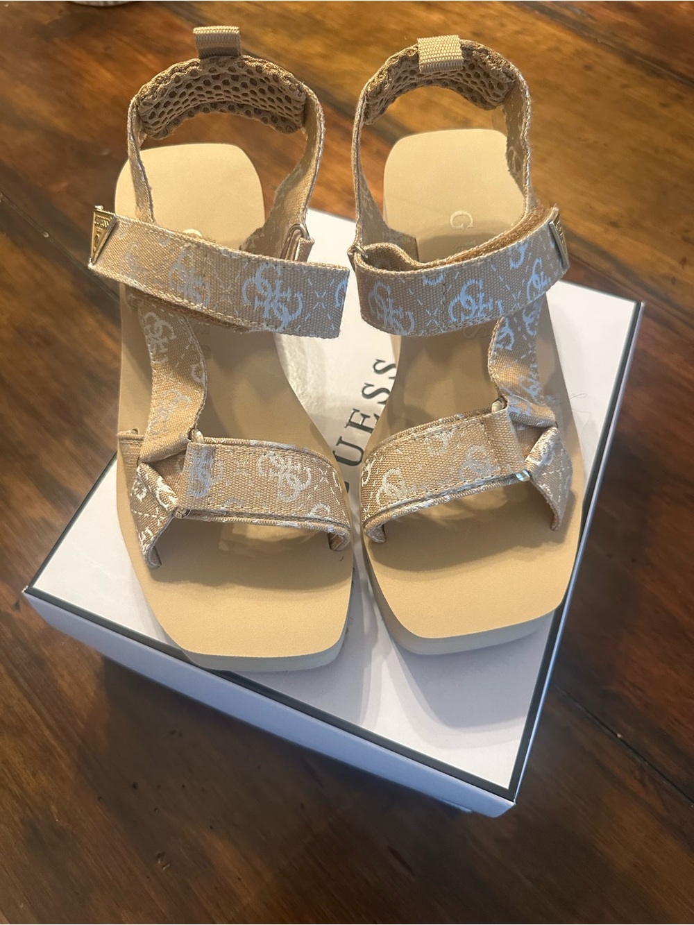 GUESS Beige Monogram Slingback Sandals | Coastal Chic Summer Slides